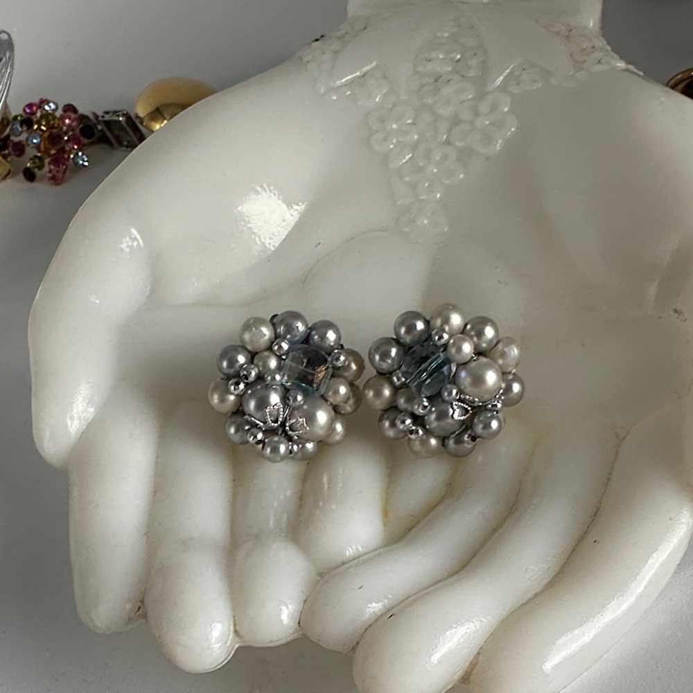 Vintage Japan silver and Pearl Cluster Clip-On Earrings - Classic